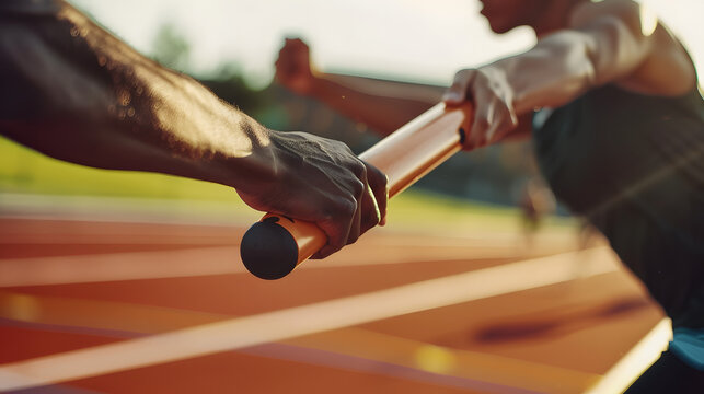 Cropped image of runner passing baton to teammate