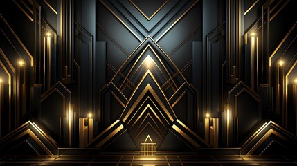 Design a detailed Art Deco style wallpaper featuring geometric patterns and luxurious gold and black color scheme, ideal for elegant interior design or upscale boutique backgrounds