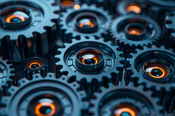 Minimalist isometric gears with eye icons in the center, arranged in a repeating grid,