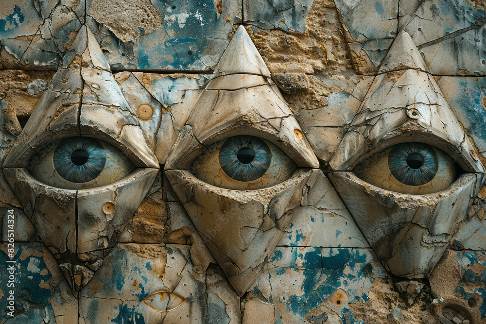 Poster isometric repeating pattern of pyramids with embedded eye symbols,