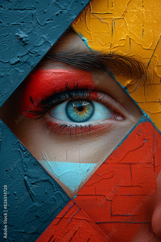 Poster minimalist isometric triangles with eye shapes, interspersed with geometric forms,