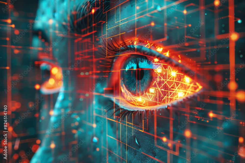 Aufkleber abstract isometric grid of interconnected cubes with large eye symbols,