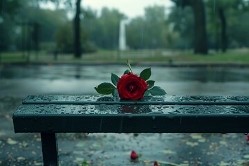 An empty park bench under a rainy sky with a single, forgotten rose lying on it, representing failed love