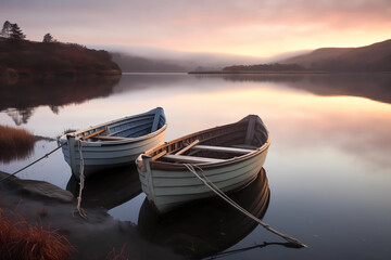 Two small wooden Fishing row boats on Loch Rusk Scotland during a calm Sunrise