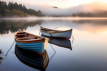 Two small wooden Fishing row boats on Loch Rusk Scotland during a calm Sunrise