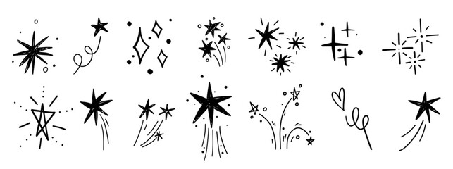 Hand drawn scribble stars doodle hand drawn sparkling monochrome comic elements collection in grunge graffiti style