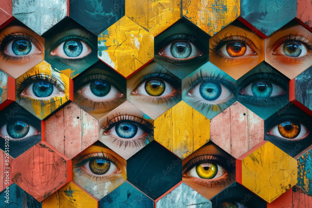 Poster abstract isometric hexagonal prisms with large eye icons, creating a cohesive pattern,
