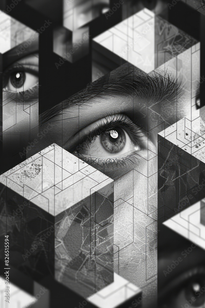 Poster seamless pattern of isometric squares with simple eye symbols, creating a grid,