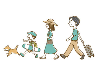 旅行に行く3人家族とペット