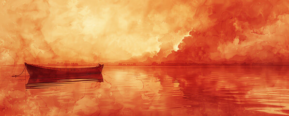 A lone boat on a fiery sunset, reflecting in the still water.