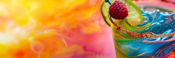 Closeup of a colorful drink in a glass with a raspberry garnish on the rim