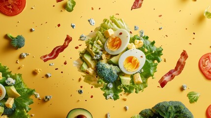 Fresh Cobb Salad Ingredients on Bright Yellow Background - Perfect for Advertising Banner Design