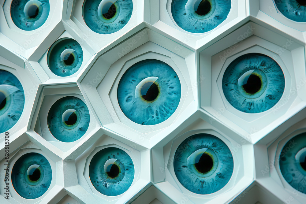 Leinwandbilder isometric background featuring repeating hexagons with embedded large eyes,