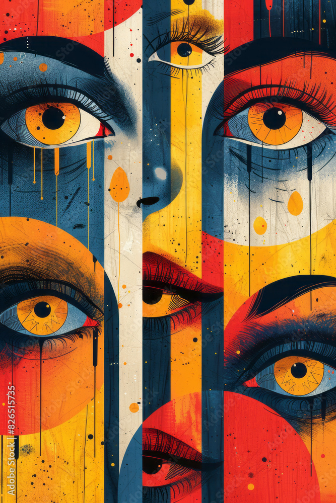 Poster minimalist isometric circles with eye designs in a seamless pattern,