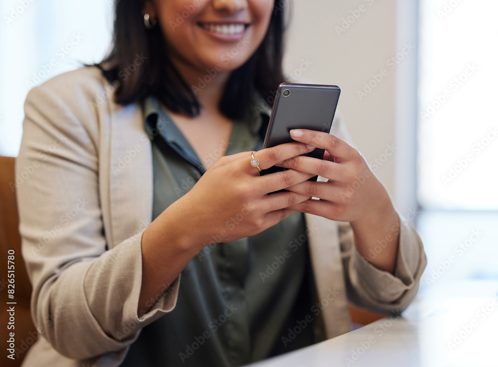 Poster Typing, business woman and smartphone in office with smile for social media post, communication or chat. Online conversation, female person and mobile tech in workplace happy for internet contact