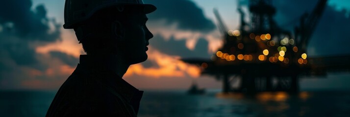 A silhouette of a man standing in front of an oil rig at night under dramatic lighting - Powered by Adobe