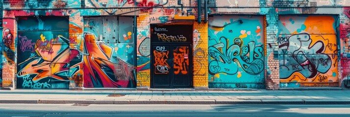 A building covered in colorful graffiti stands next to a street, showcasing a blend of street art and urban expression