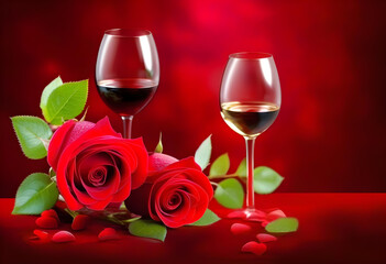 A bottle of wine and a red rose on a heart-shaped background