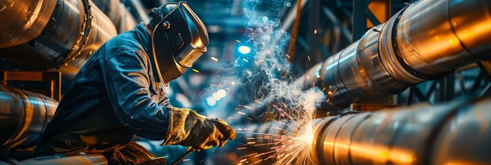 A welder in a factory diligently connects metal pipes, sparks flying in the air as they meticulously craft a secure bond