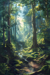 Majestic Forest Landscape Painted with Fine Brushstrokes under a Clear Blue Sky