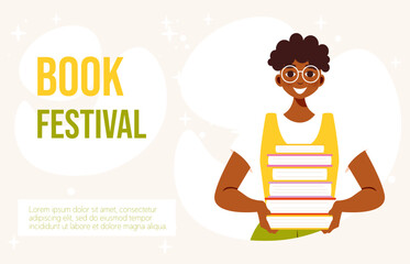 Book festival banner with young African American guy holding books. Vector character in flat cartoon style. Reading concept. Perfect for horizontal banner, poster,  website, flyer and so on