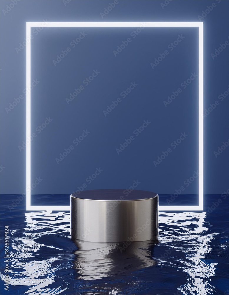 Aufkleber 3d background, podium, display with water. dark blue and silver pedestal with square frame. abstract