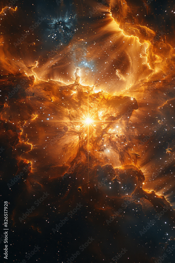 Poster image of a bright, glowing sun casting rays of light across a star-filled space, creating a sense of