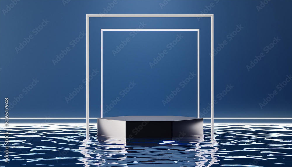 Aufkleber 3d background, podium, display with water. dark blue and silver pedestal with square frame. abstract