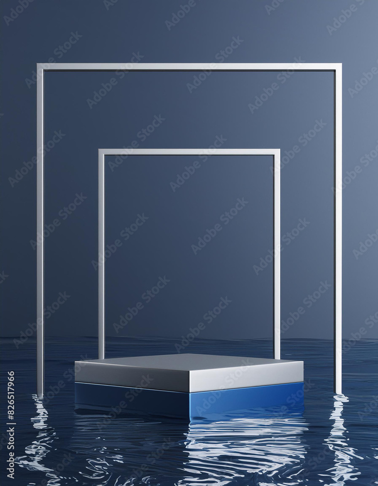 Poster 3d background, podium, display with water. dark blue and silver pedestal with square frame. abstract