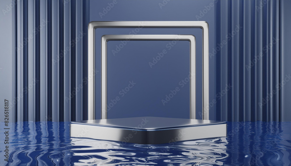 Aufkleber 3d background, podium, display with water. dark blue and silver pedestal with square frame. abstract