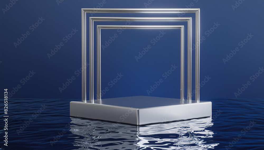 Aufkleber 3d background, podium, display with water. dark blue and silver pedestal with square frame. abstract