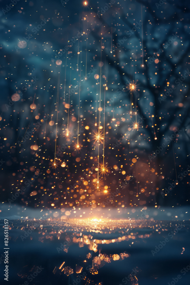 Fototapete scene of a meteor shower where each meteor is shaped like a tiny sun, creating a dazzling display,