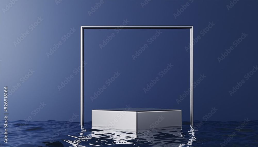 Poster 3d background, podium, display with water. dark blue and silver pedestal with square frame. abstract