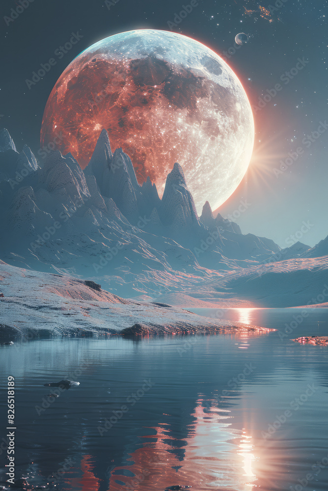 Leinwandbilder image of a planet with a surface resembling a calm sea, reflecting the light of multiple suns in a b