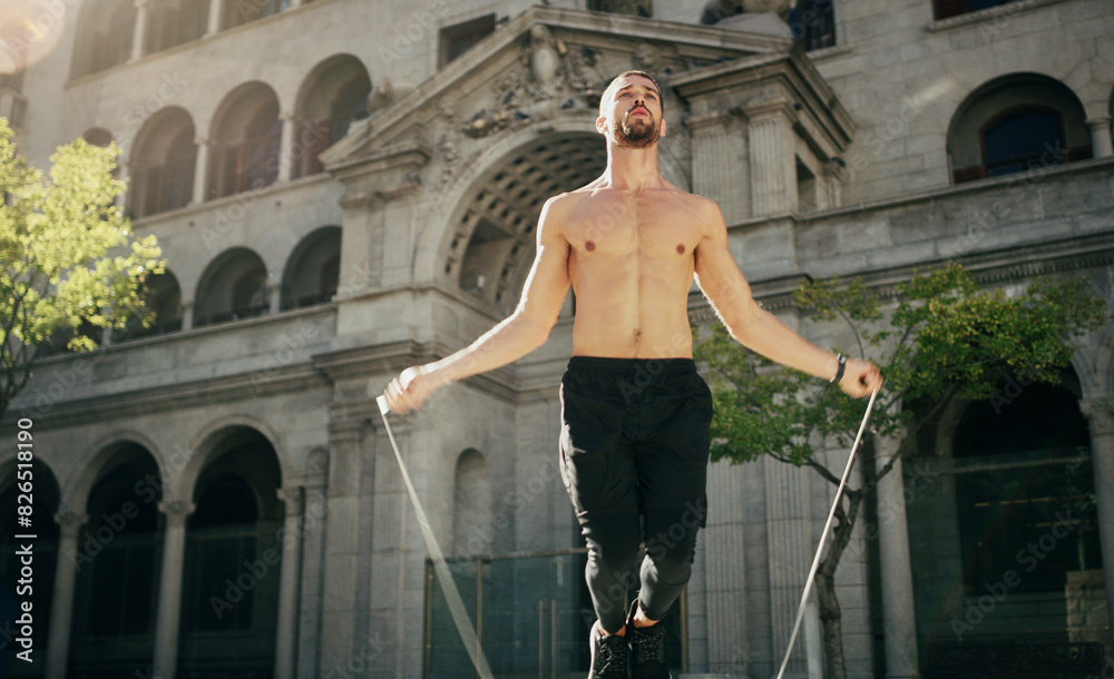 Poster Shirtless, man and skipping on rope in city for fitness, exercise and training, speed and endurance for competition. Athlete, active and jump with energy, practice and cardio from workout as runner