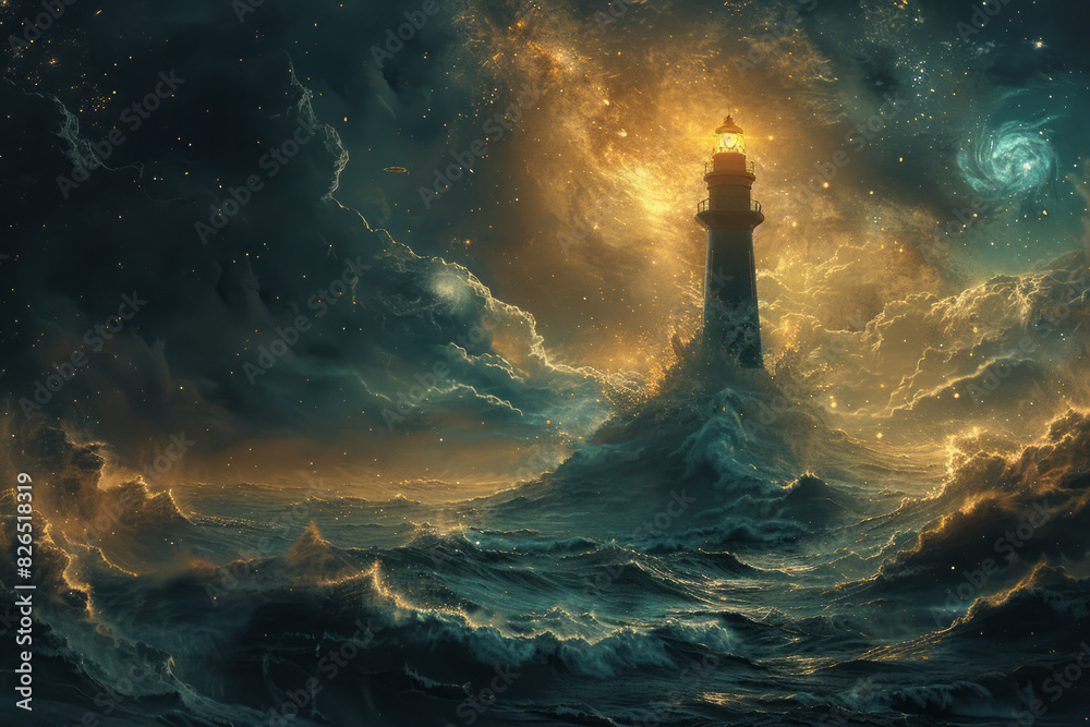 Poster image of a cosmic lighthouse made of stardust, guiding spaceships through a galaxy filled with cloud
