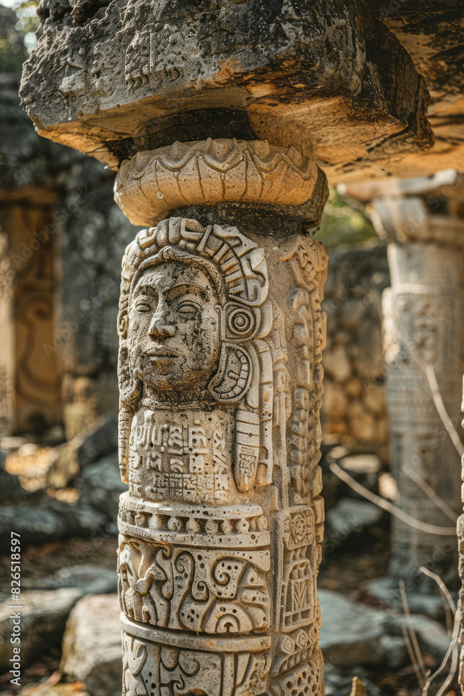 Poster artistic rendering of a stone pillar adorned with carvings of sunscreen bottles, symbolizing protect