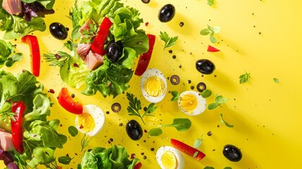 Vibrant Nicoise Salad Ingredients Flying on Bright Yellow Background - Food Photography for Advertising, Print, and Posters