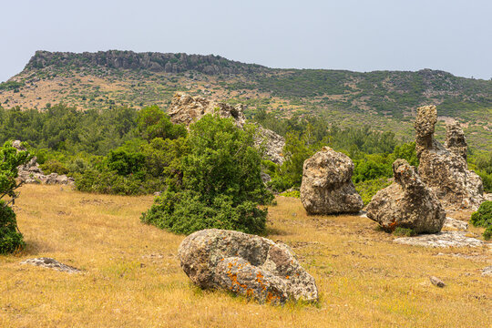 Scenic Landscape in Troas Region, Turkey with Rocky Formations and Lush Greenery Under a Clear Sky