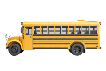 Side view of yellow school bus on transparent background.