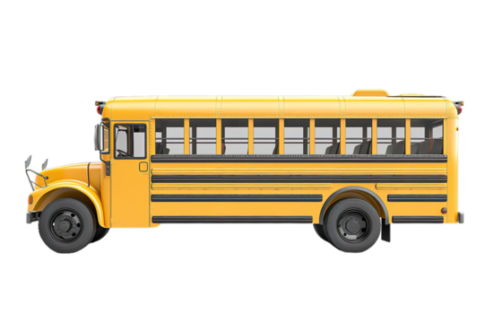Side view of yellow school bus on transparent background.