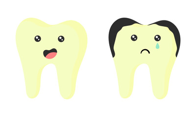 illustration of healthy and sick tooth characters on white background