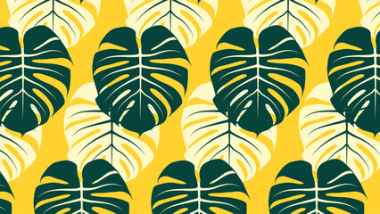 Seamless repeating pattern with monstera leaves on a yellow background