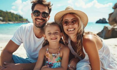 Happy family is sitting on tropical beach on sunny day