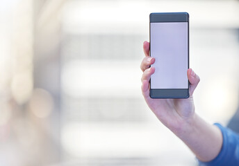 Business person, hands and smartphone screen or display for advertising, mockup and online branding. Mobile, marketing and blank space for product placement, logo or text message with information