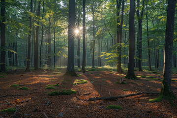 Obraz premium Scene of a forest glade with rectangular tree trunks and triangular leaves, bathed in the light of a circular sun,