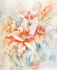 Beautiful  Lilies in a Glass Vase With Watercolor Background