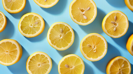 Obraz premium Fresh lemons fruit arranged in a beautiful pattern on a light blue background.