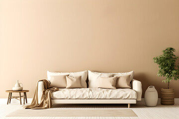 Modern living room features a cozy beige sofa against a blank beige wall, showcasing a boho interior design.