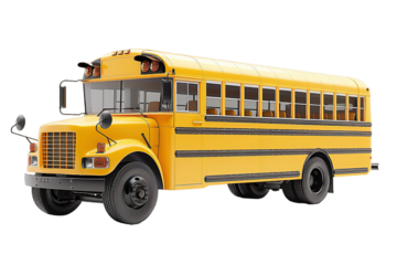 Bright yellow school bus on transparent background